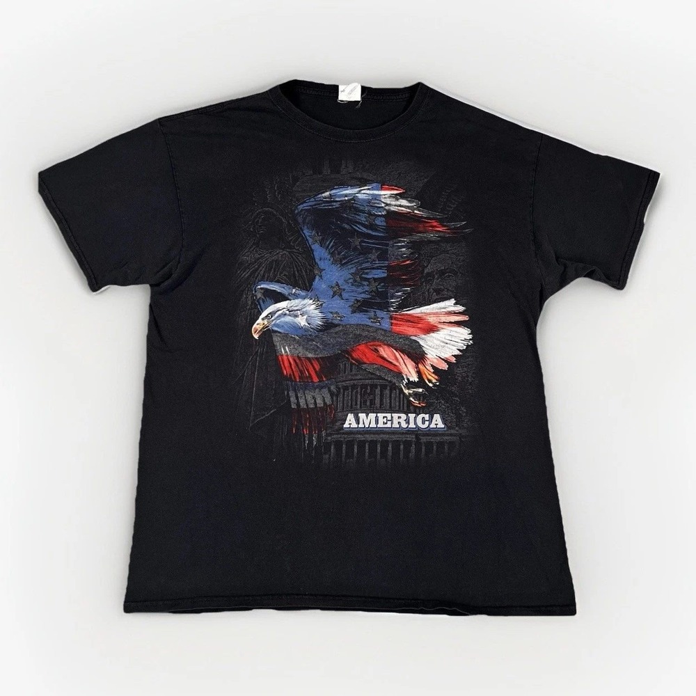 Vintage Fruit of the Loom America Eagle Graphic T-Shirt Mens Large Black Tee
